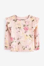 Pale Pink Floral Long Sleeve Frill Rib Jersey Top (3mths-7yrs)
