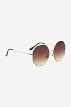 Brown/Gold - Rimless Hexagon Frame Sunglasses