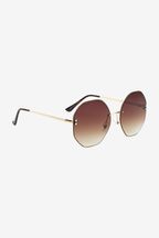 Brown/Gold Rimless Hexagon Frame Sunglasses