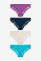 Navy Blue/Aqua Blue/Purple/Cream Bikini Lace Trim Cotton Blend Knickers 4 Pack