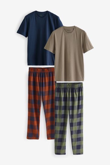 Navy Blue Stone Check 100 Cotton Jersey Pyjamas Set 2 Pack