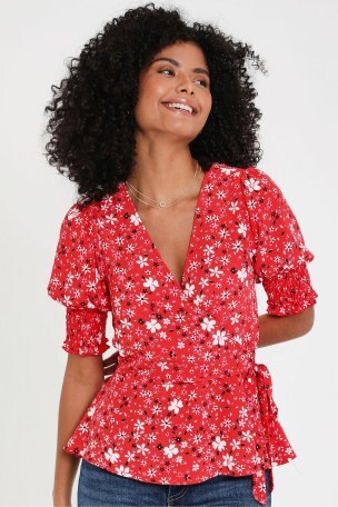 Red polka dot wrap top sale