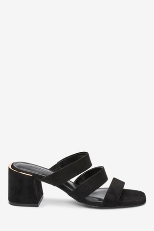 Black Strappy Block Heel Mule Sandals 