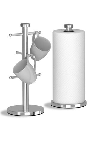 Stainless Steel 6 Cup Mug Tree Stand and Kitchen Tissue Towels Role Pole Holder 