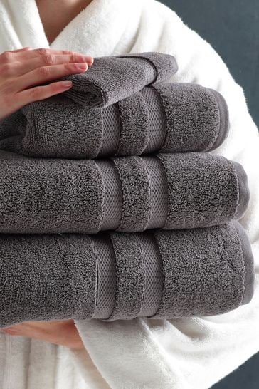 4 PCE SET LUXURY STRIPED COTTON VELVET LOOK FEEL SILVER GREY HAND BATH TOWELS 