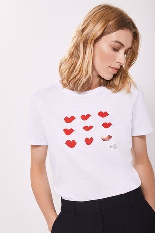 white t shirt with red print