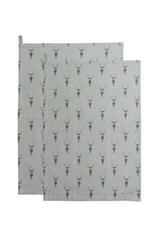 east2eden Line Drawn Stag Design 100% Cotton 2 x Set of 2 Kitchen Tea Towel Towels 