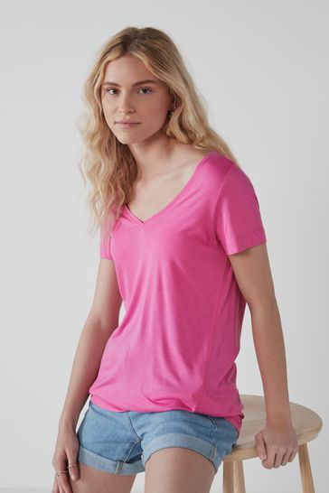 neon pink v neck t shirt