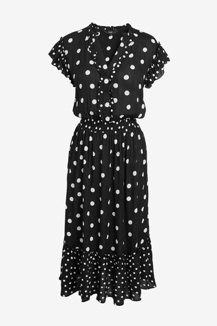 Pois neri Abito midi con ruches
