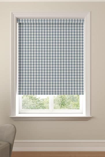 Gingham Blue Thermal Blackout Roller Blind FREE CUT TO SIZE SERVICE 