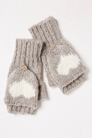 Buy FatFace Grey Heart Flap Over Gloves 