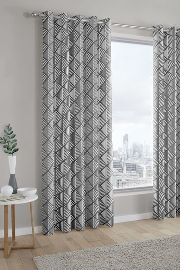 Fusion Brooklyn Geo Lined Eyelet, Gray Geometric Curtains