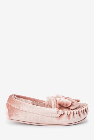 Buy Pink Velour Bow Moccasin Slippers 