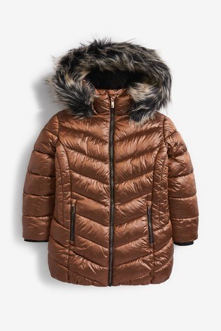 brown padded coat with fur hood