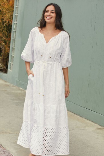 Buy White Tiered Broidery Midi Dress ...