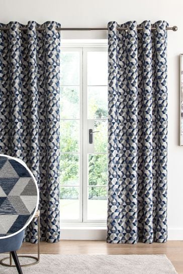 Navy Blue Chenille Geo Eyelet Curtains, White And Navy Curtains Uk