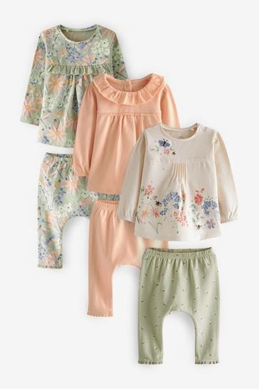 Зеленый/белый с цветочным принтом Комплект для малышей из 6 предметов с футболкой и леггинсами