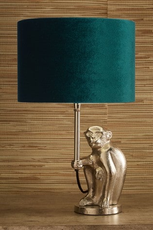 Pacific Antique Silver Monkey Table, Monkey Table Lamp With Blue Velvet Shade