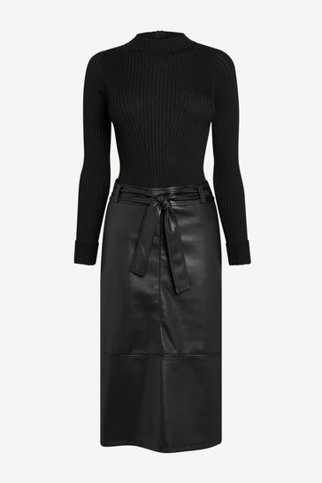 High Neck Faux Leather PU Mix Dress 