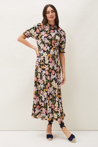 Phase Eight Women's Penelope Floral Puff Sleeve Midi Dress - Black, Multi - 14