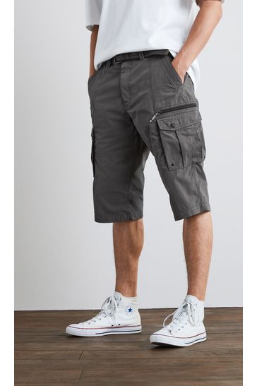 Black Long Length Belted Cargo Shorts 