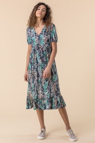 Roman Abstract Snake Print Tiered Dress 