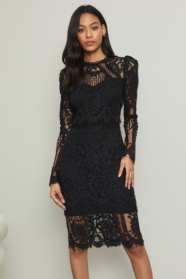 Black VIP Long Sleeve Midi Dress 