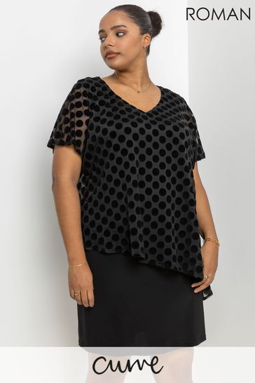 Roman Curve Flock Spot Overlay Dress 