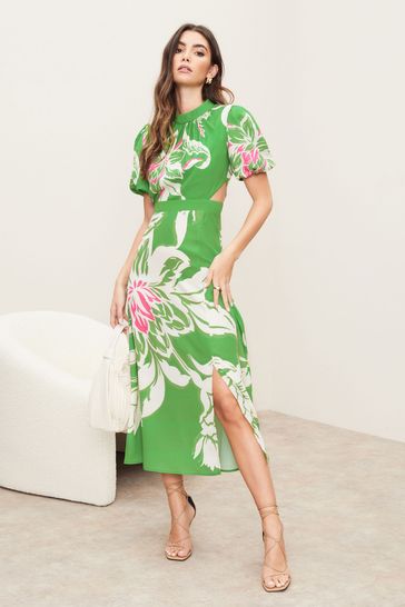 Lipsy Cut Out Puff Sleeve Midi Dress 