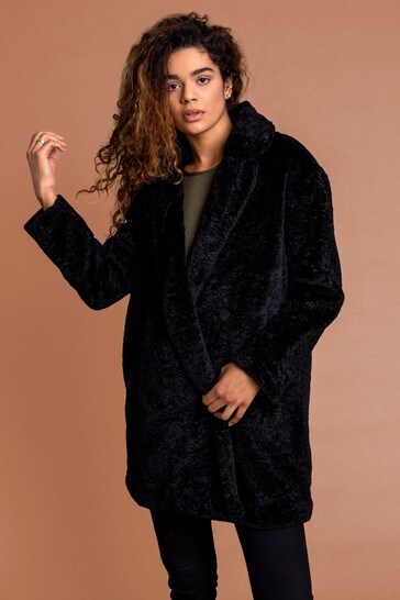 Roman Textured Faux Fur Teddy Coat, Womens Black Faux Fur Teddy Coat