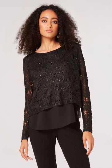 Buy Apricot Black Sequin Knit Chiffon Underlay Top From Next Ireland