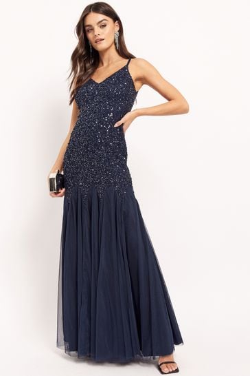navy sequin embellished fishtail maxi dress