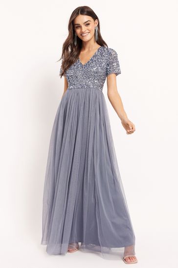 V Neck Short Sleeve Sequin Maxi Dress