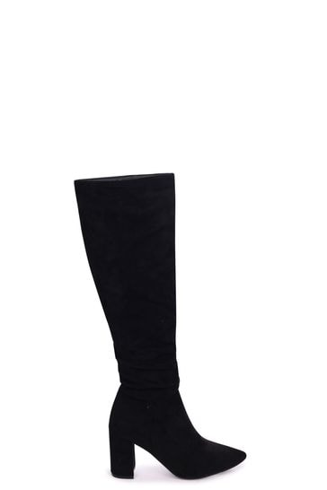 black suede knee high block heel boots