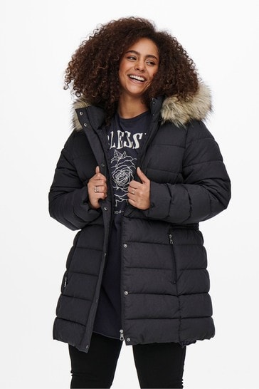 black quilted jacket with fur hood