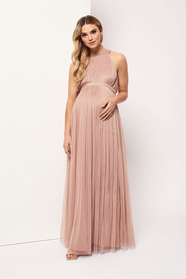 Pink Maternity Halter Neck Maxi Dress 