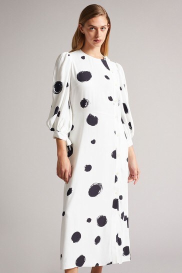 Ted Baker White Eliyzza Button Up Midi Dress With Tie Cuffs