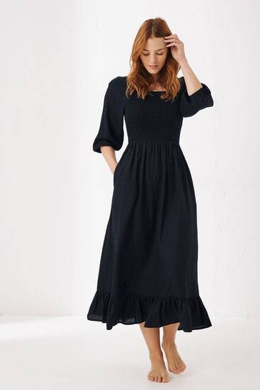 FatFace Adele Black Shirred Midi Dress ...