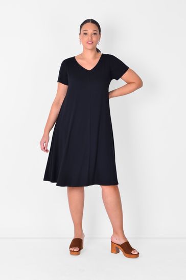 black v neck swing dress