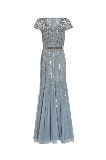 Adrianna Papell Blue Beaded Godet Gown ...