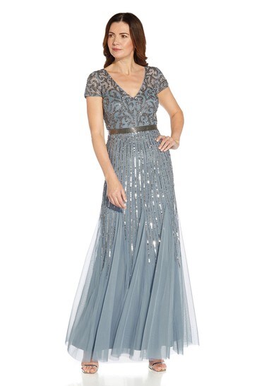 Adrianna Papell Blue Beaded Godet Gown ...