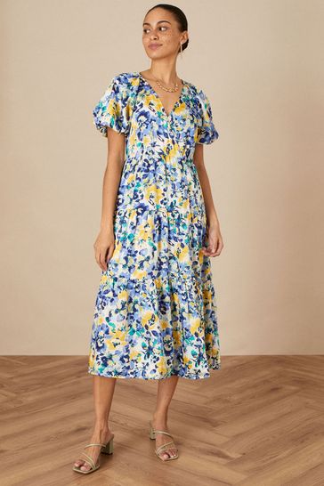 Monsoon Blue Floral Tiered Wrap Dress ...