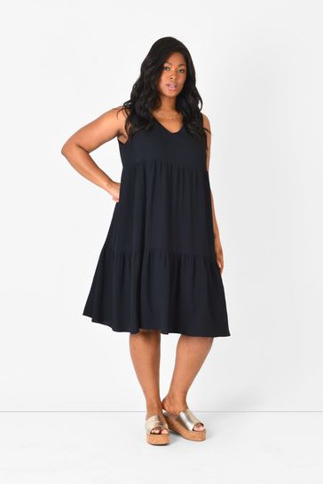 Black Curve Crinkle V-Neck Tiered Dress 