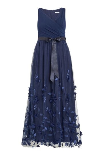 Gina Bacconi Blue Olyssia Long Sleeveless Dress With Surplice Neckline 3D Floral Skirt