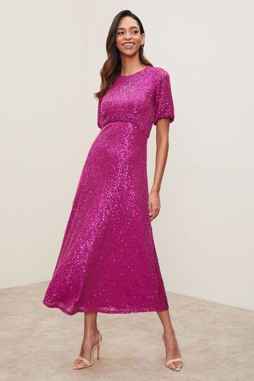 Lipsy Pink Regular Short Sleeve Sequin Underbust Midi Dress