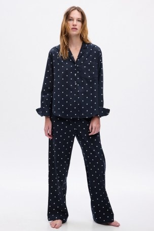 Gap Grey Stripe Cotton Print Flannel Pyjama Set
