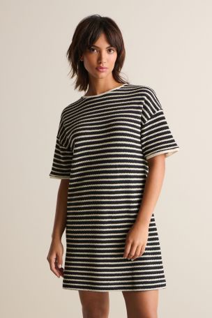 Black White Mono Stripe Crochet Boxy T Shirt Dress