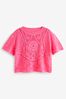 Neonpink - Kurzärmeliges, gehäkeltes T-Shirt in Regular Fit mit Rundhalsausschnitt