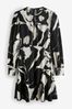 Black/White Mono Floral Long Sleeve Mini Dress, Regular