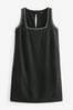 Black Square Neck Shift Mini Dress With Linen, Regular